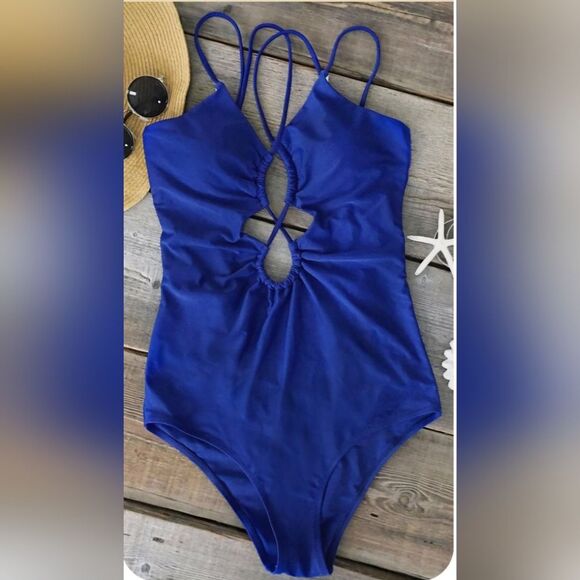 NWT Cupshe Women's Vacation Strappy Cut Out 1-Piece Swimsuit Royal Blue Size L - Picture 9 of 13